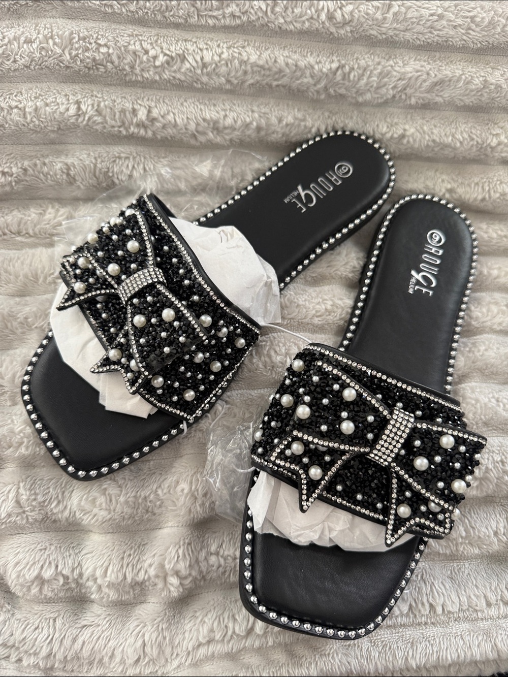 Rouge! Black Embellished Pearl Bow Slide Sandals
